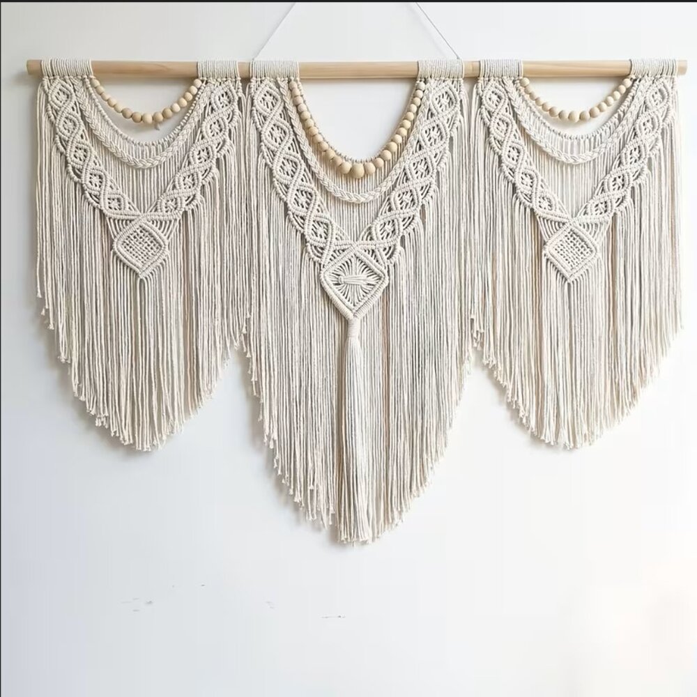 Large Boho Macrame Wall Hanging – Handmade Bohemian Tapestry, Neutral Fiber Wall - Picture 4 of 5